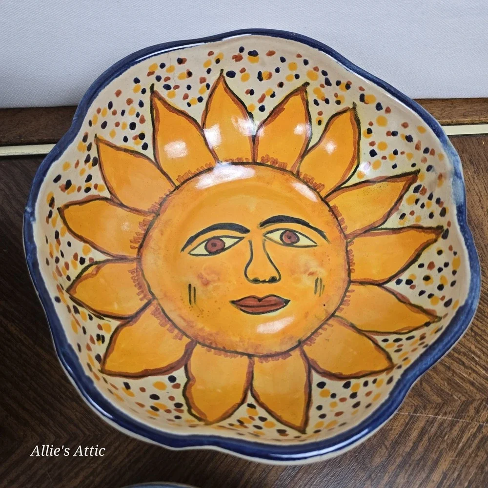 Vintage Celestial Bowl Sun Flower Yellow Blue Stacking Nesting Set Clay Handmade